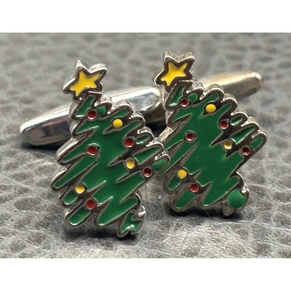 Vintage Christmas Tree Holiday Cufflinks Green Enamel Silver Tone